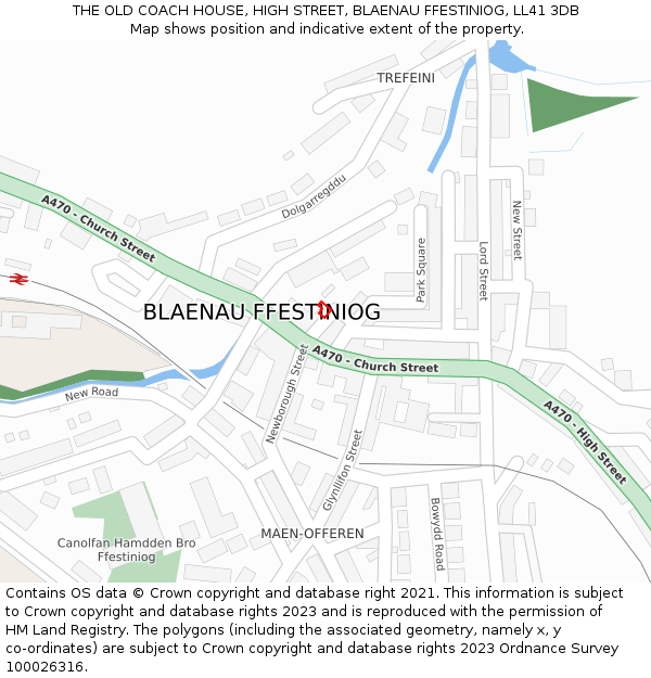 THE OLD COACH HOUSE, HIGH STREET, BLAENAU FFESTINIOG, LL41 3DB: Location map and indicative extent of plot