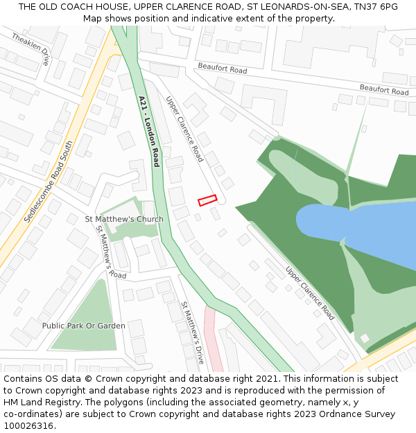 THE OLD COACH HOUSE, UPPER CLARENCE ROAD, ST LEONARDS-ON-SEA, TN37 6PG: Location map and indicative extent of plot