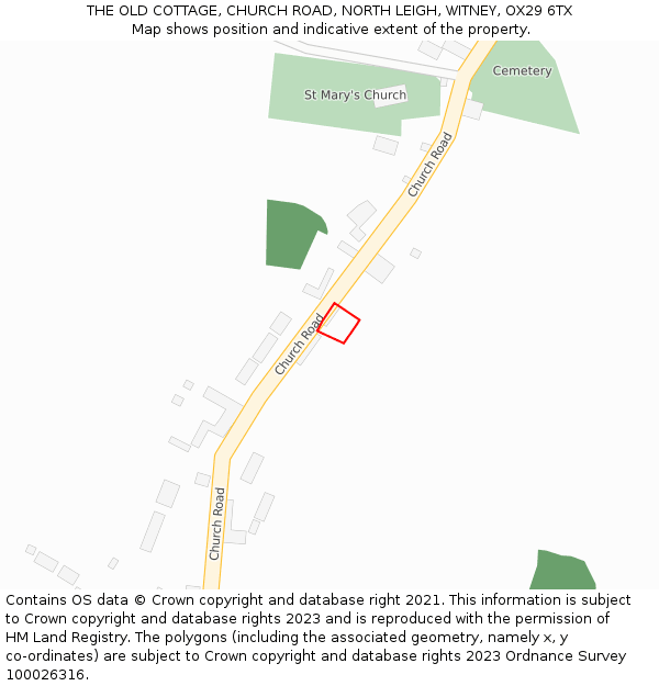 THE OLD COTTAGE, CHURCH ROAD, NORTH LEIGH, WITNEY, OX29 6TX: Location map and indicative extent of plot