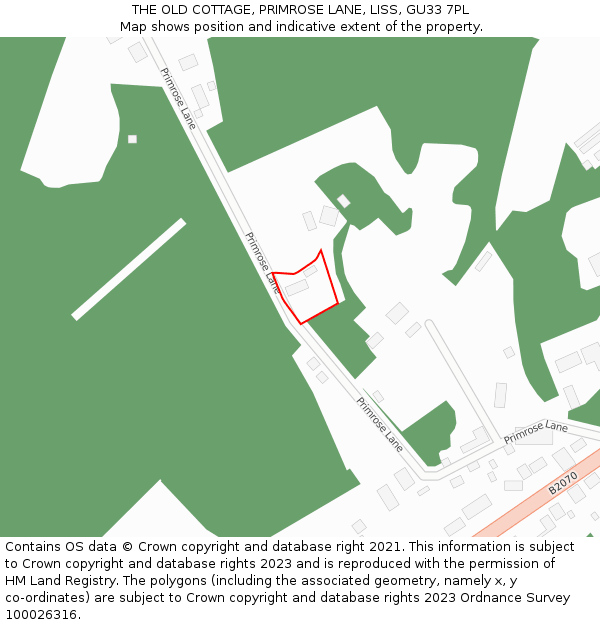 THE OLD COTTAGE, PRIMROSE LANE, LISS, GU33 7PL: Location map and indicative extent of plot