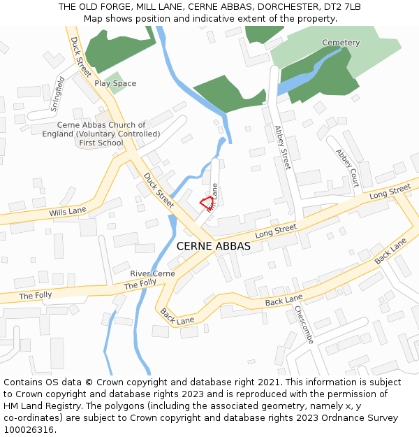 THE OLD FORGE, MILL LANE, CERNE ABBAS, DORCHESTER, DT2 7LB: Location map and indicative extent of plot