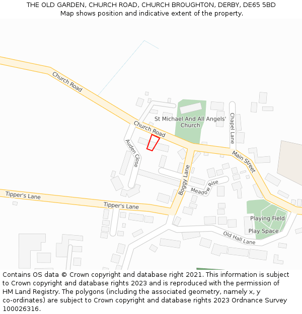 THE OLD GARDEN, CHURCH ROAD, CHURCH BROUGHTON, DERBY, DE65 5BD: Location map and indicative extent of plot