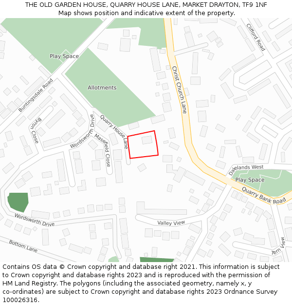 THE OLD GARDEN HOUSE, QUARRY HOUSE LANE, MARKET DRAYTON, TF9 1NF: Location map and indicative extent of plot