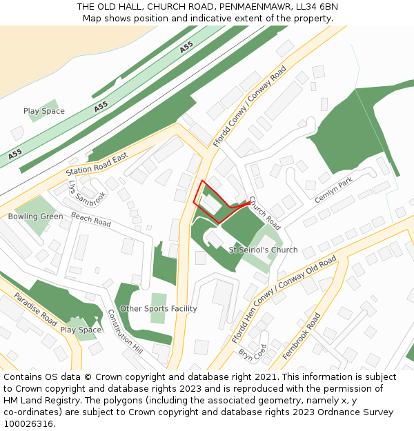 THE OLD HALL, CHURCH ROAD, PENMAENMAWR, LL34 6BN: Location map and indicative extent of plot