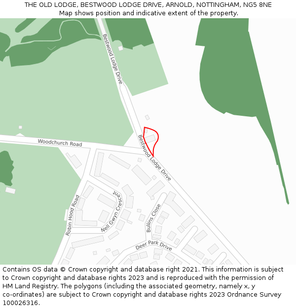 THE OLD LODGE, BESTWOOD LODGE DRIVE, ARNOLD, NOTTINGHAM, NG5 8NE: Location map and indicative extent of plot