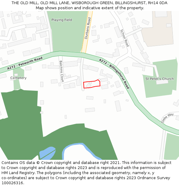 THE OLD MILL, OLD MILL LANE, WISBOROUGH GREEN, BILLINGSHURST, RH14 0DA: Location map and indicative extent of plot