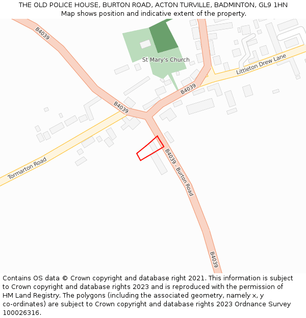 THE OLD POLICE HOUSE, BURTON ROAD, ACTON TURVILLE, BADMINTON, GL9 1HN: Location map and indicative extent of plot