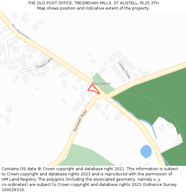 THE OLD POST OFFICE, TREGREHAN MILLS, ST AUSTELL, PL25 3TH: Location map and indicative extent of plot