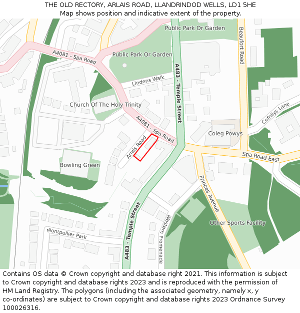 THE OLD RECTORY, ARLAIS ROAD, LLANDRINDOD WELLS, LD1 5HE: Location map and indicative extent of plot