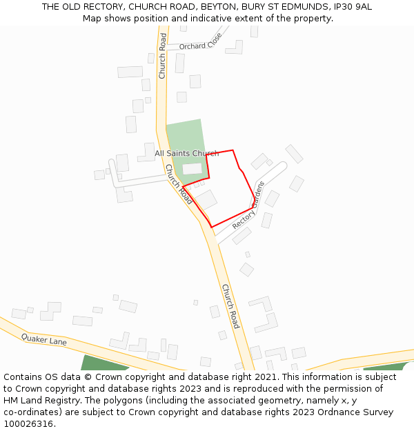 THE OLD RECTORY, CHURCH ROAD, BEYTON, BURY ST EDMUNDS, IP30 9AL: Location map and indicative extent of plot