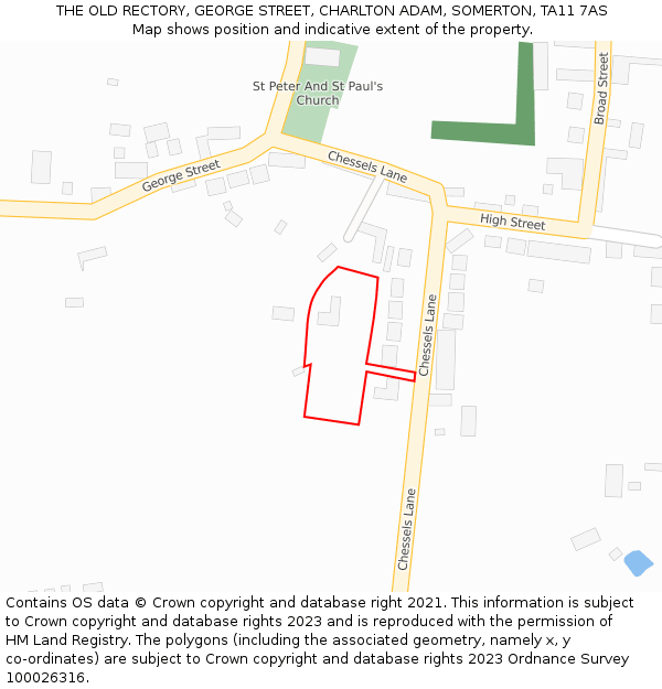THE OLD RECTORY, GEORGE STREET, CHARLTON ADAM, SOMERTON, TA11 7AS: Location map and indicative extent of plot