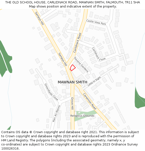 THE OLD SCHOOL HOUSE, CARLIDNACK ROAD, MAWNAN SMITH, FALMOUTH, TR11 5HA: Location map and indicative extent of plot