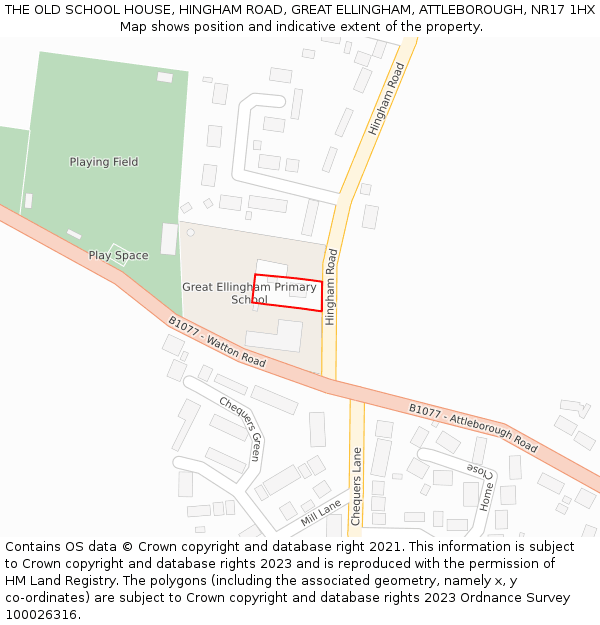 THE OLD SCHOOL HOUSE, HINGHAM ROAD, GREAT ELLINGHAM, ATTLEBOROUGH, NR17 1HX: Location map and indicative extent of plot