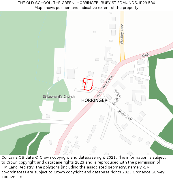 THE OLD SCHOOL, THE GREEN, HORRINGER, BURY ST EDMUNDS, IP29 5RX: Location map and indicative extent of plot