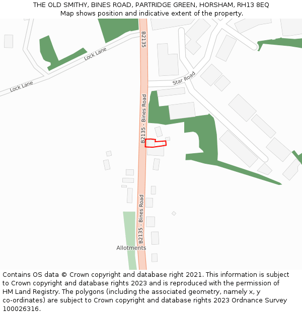 THE OLD SMITHY, BINES ROAD, PARTRIDGE GREEN, HORSHAM, RH13 8EQ: Location map and indicative extent of plot