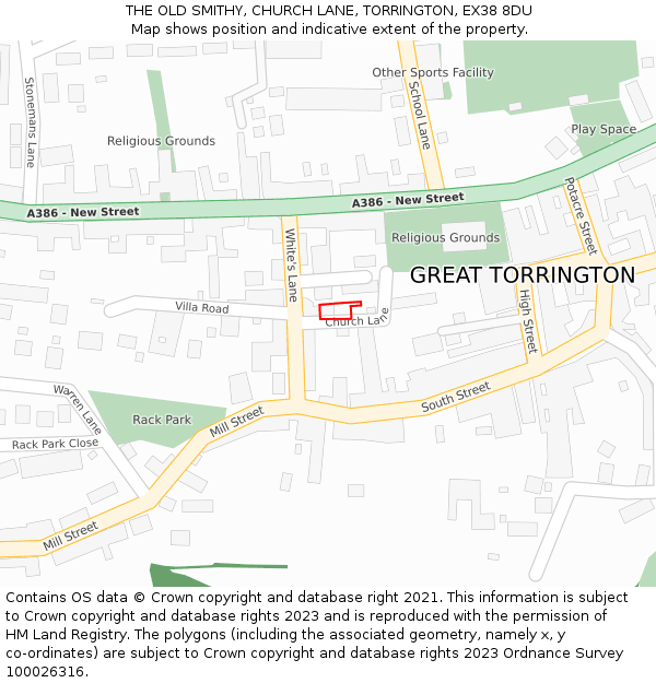 THE OLD SMITHY, CHURCH LANE, TORRINGTON, EX38 8DU: Location map and indicative extent of plot