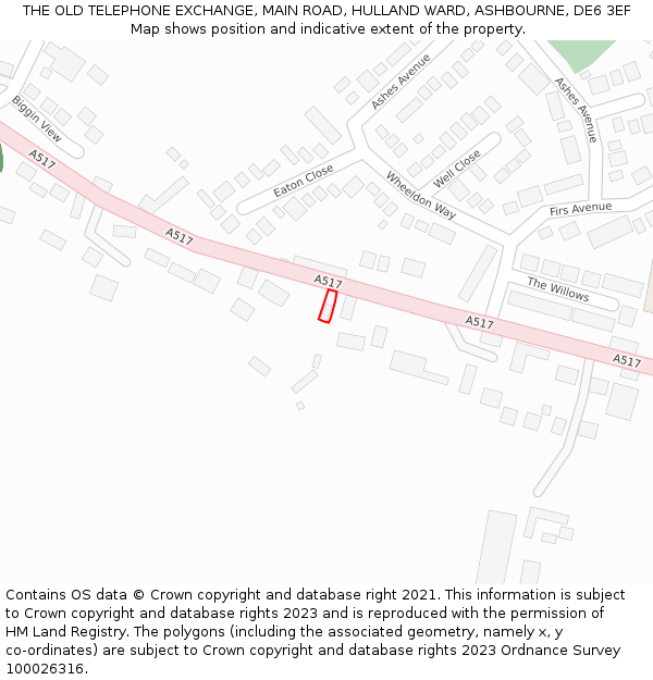 THE OLD TELEPHONE EXCHANGE, MAIN ROAD, HULLAND WARD, ASHBOURNE, DE6 3EF: Location map and indicative extent of plot