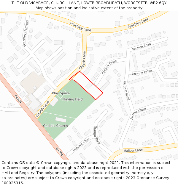 THE OLD VICARAGE, CHURCH LANE, LOWER BROADHEATH, WORCESTER, WR2 6QY: Location map and indicative extent of plot