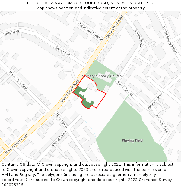 THE OLD VICARAGE, MANOR COURT ROAD, NUNEATON, CV11 5HU: Location map and indicative extent of plot