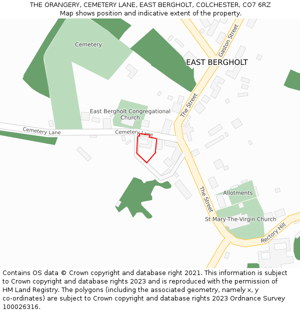 THE ORANGERY, CEMETERY LANE, EAST BERGHOLT, COLCHESTER, CO7 6RZ: Location map and indicative extent of plot