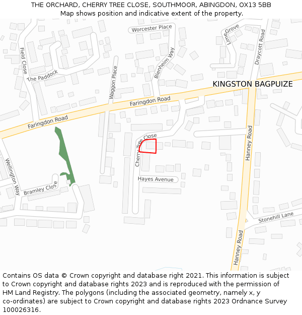 THE ORCHARD, CHERRY TREE CLOSE, SOUTHMOOR, ABINGDON, OX13 5BB: Location map and indicative extent of plot