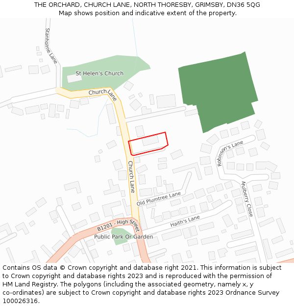 THE ORCHARD, CHURCH LANE, NORTH THORESBY, GRIMSBY, DN36 5QG: Location map and indicative extent of plot