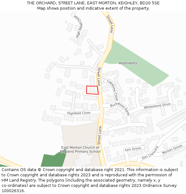 THE ORCHARD, STREET LANE, EAST MORTON, KEIGHLEY, BD20 5SE: Location map and indicative extent of plot