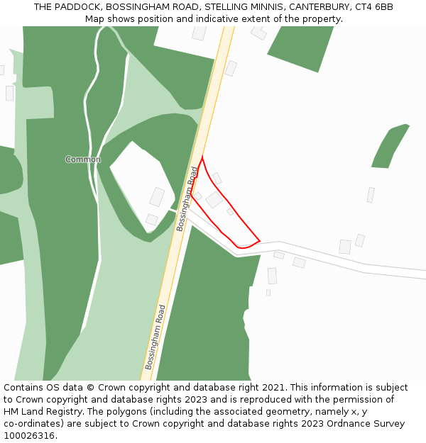 THE PADDOCK, BOSSINGHAM ROAD, STELLING MINNIS, CANTERBURY, CT4 6BB: Location map and indicative extent of plot