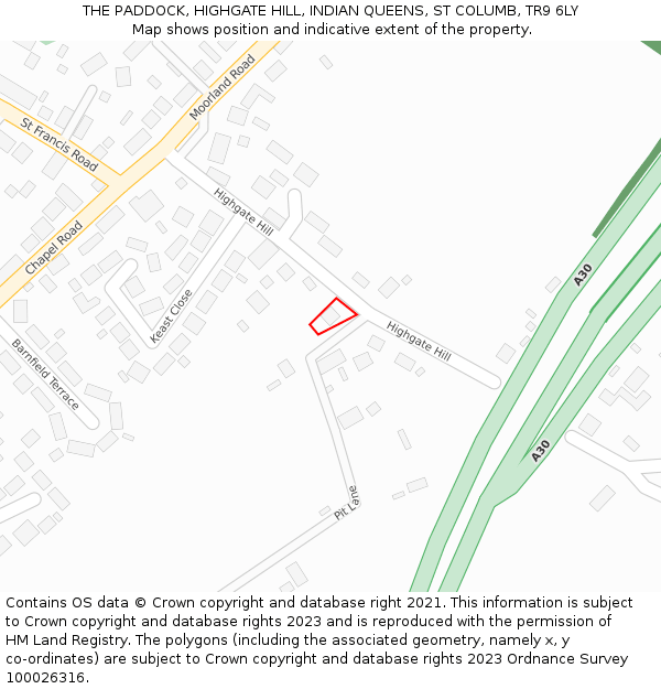 THE PADDOCK, HIGHGATE HILL, INDIAN QUEENS, ST COLUMB, TR9 6LY: Location map and indicative extent of plot