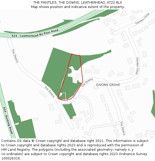 THE PANTILES, THE DOWNS, LEATHERHEAD, KT22 8LX: Location map and indicative extent of plot