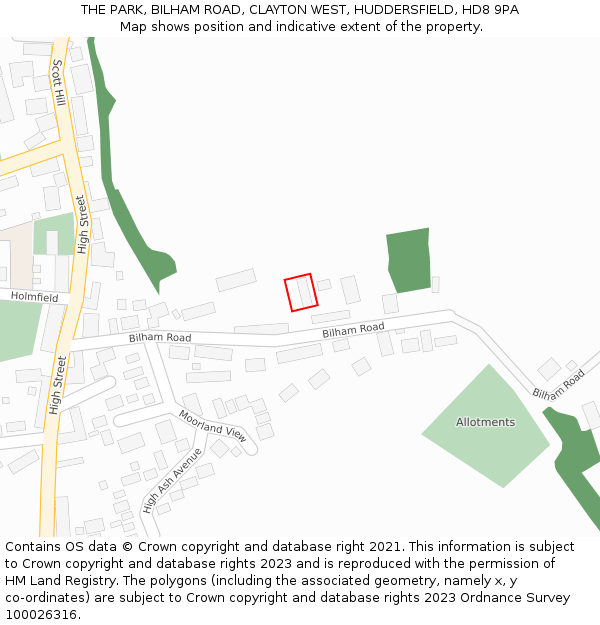 THE PARK, BILHAM ROAD, CLAYTON WEST, HUDDERSFIELD, HD8 9PA: Location map and indicative extent of plot