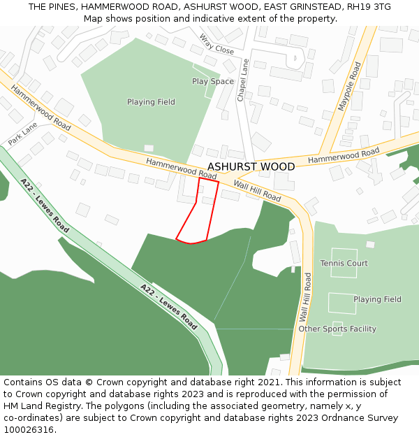 THE PINES, HAMMERWOOD ROAD, ASHURST WOOD, EAST GRINSTEAD, RH19 3TG: Location map and indicative extent of plot