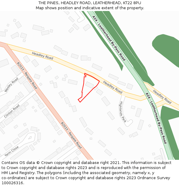 THE PINES, HEADLEY ROAD, LEATHERHEAD, KT22 8PU: Location map and indicative extent of plot