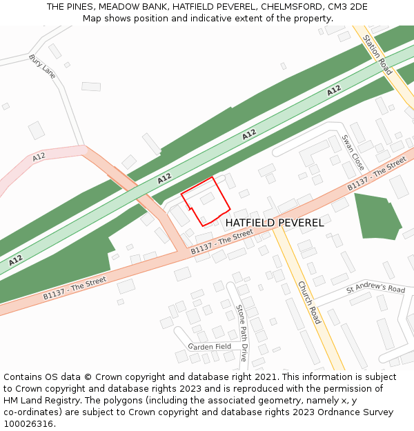 THE PINES, MEADOW BANK, HATFIELD PEVEREL, CHELMSFORD, CM3 2DE: Location map and indicative extent of plot