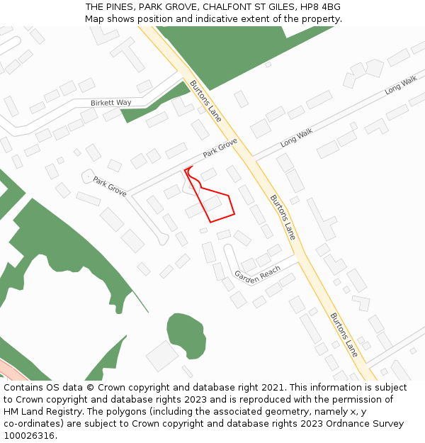 THE PINES, PARK GROVE, CHALFONT ST GILES, HP8 4BG: Location map and indicative extent of plot