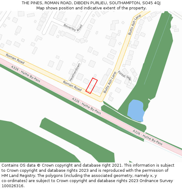 THE PINES, ROMAN ROAD, DIBDEN PURLIEU, SOUTHAMPTON, SO45 4QJ: Location map and indicative extent of plot