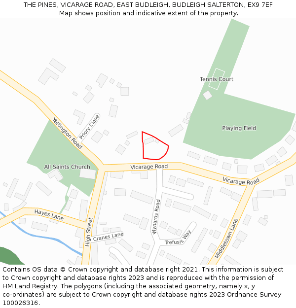 THE PINES, VICARAGE ROAD, EAST BUDLEIGH, BUDLEIGH SALTERTON, EX9 7EF: Location map and indicative extent of plot