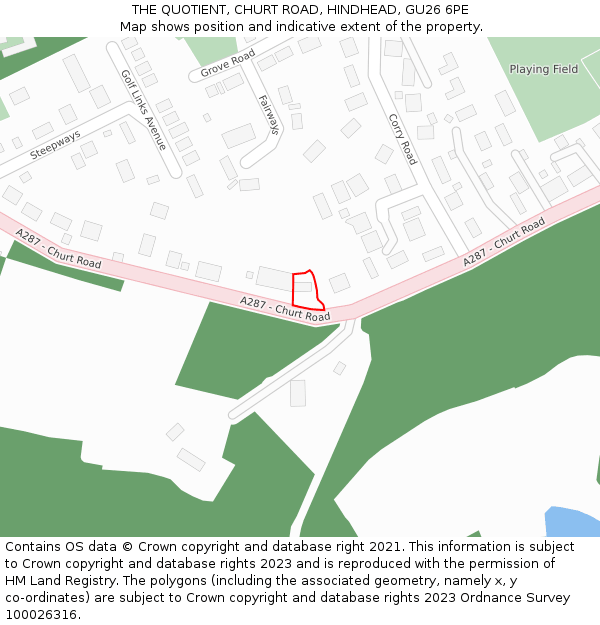 THE QUOTIENT, CHURT ROAD, HINDHEAD, GU26 6PE: Location map and indicative extent of plot