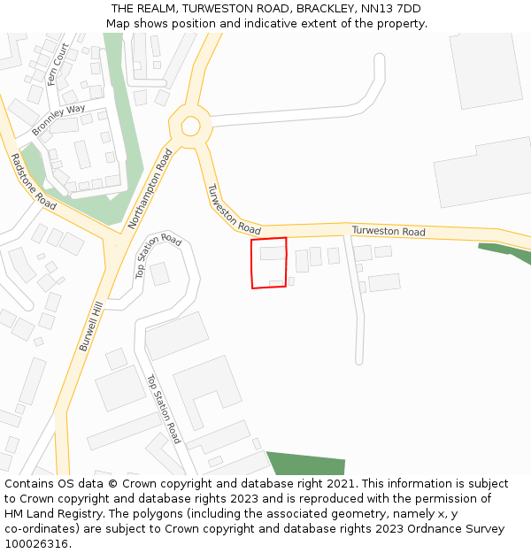 THE REALM, TURWESTON ROAD, BRACKLEY, NN13 7DD: Location map and indicative extent of plot