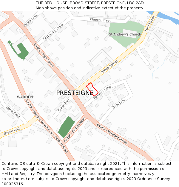 THE RED HOUSE, BROAD STREET, PRESTEIGNE, LD8 2AD: Location map and indicative extent of plot
