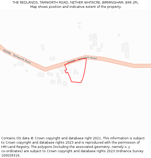 THE REDLANDS, TAMWORTH ROAD, NETHER WHITACRE, BIRMINGHAM, B46 2PL: Location map and indicative extent of plot