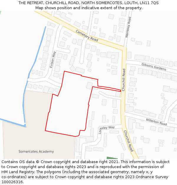 THE RETREAT, CHURCHILL ROAD, NORTH SOMERCOTES, LOUTH, LN11 7QS: Location map and indicative extent of plot