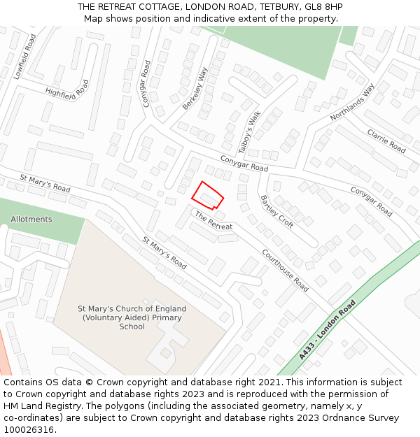 THE RETREAT COTTAGE, LONDON ROAD, TETBURY, GL8 8HP: Location map and indicative extent of plot