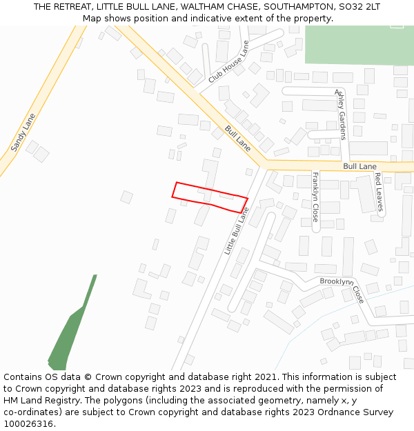 THE RETREAT, LITTLE BULL LANE, WALTHAM CHASE, SOUTHAMPTON, SO32 2LT: Location map and indicative extent of plot