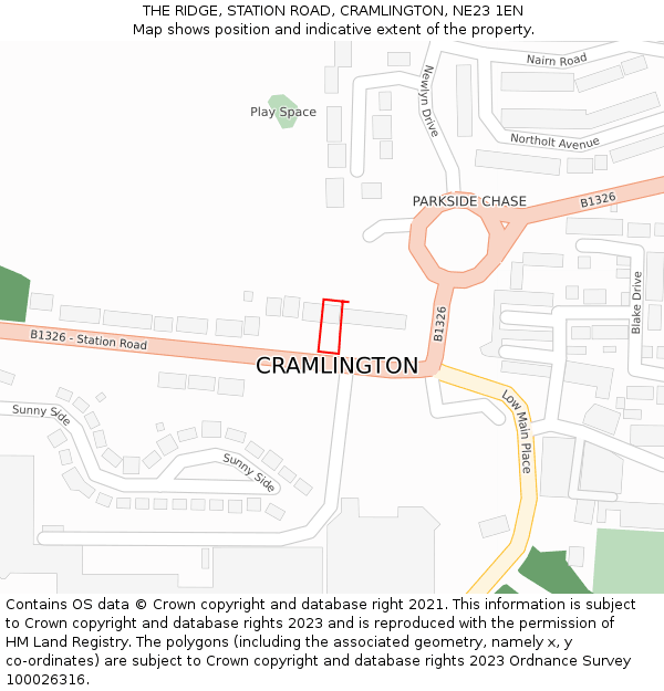 THE RIDGE, STATION ROAD, CRAMLINGTON, NE23 1EN: Location map and indicative extent of plot