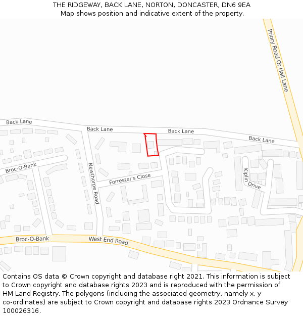 THE RIDGEWAY, BACK LANE, NORTON, DONCASTER, DN6 9EA: Location map and indicative extent of plot