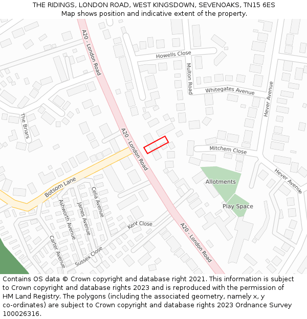 THE RIDINGS, LONDON ROAD, WEST KINGSDOWN, SEVENOAKS, TN15 6ES: Location map and indicative extent of plot