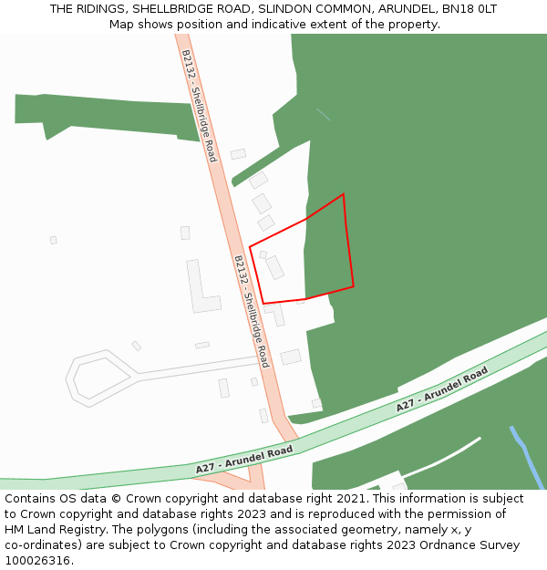 THE RIDINGS, SHELLBRIDGE ROAD, SLINDON COMMON, ARUNDEL, BN18 0LT: Location map and indicative extent of plot