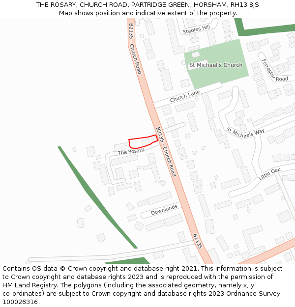 THE ROSARY, CHURCH ROAD, PARTRIDGE GREEN, HORSHAM, RH13 8JS: Location map and indicative extent of plot
