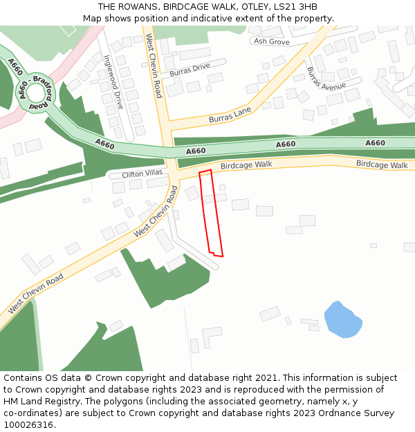 THE ROWANS, BIRDCAGE WALK, OTLEY, LS21 3HB: Location map and indicative extent of plot